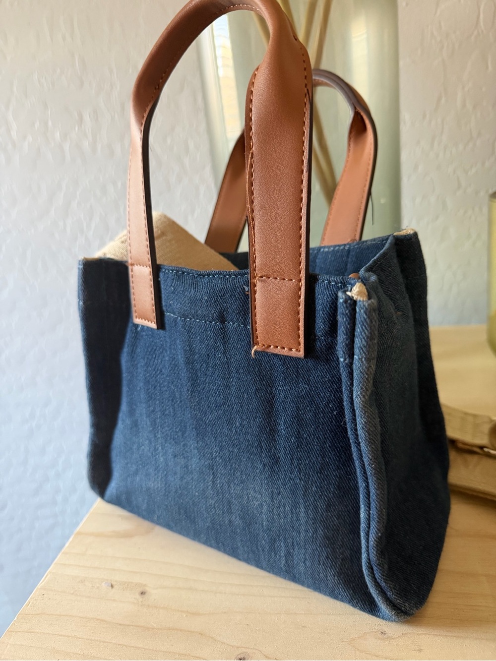 True Religion Denim Mini Tote with Red Logo and Brown Handles - Picture 3 of 7